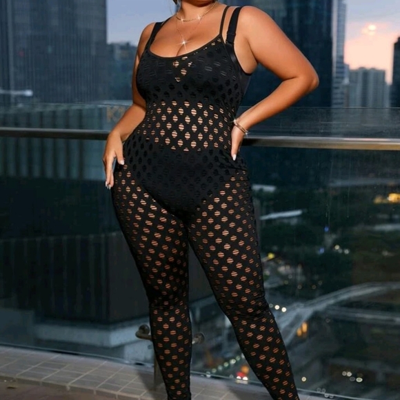 Black Hollowed Out FishNet Jumpsuit - Picture 4 of 5